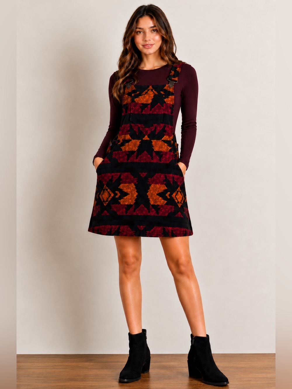 re:named Geometric Knit Overall Dress in Black Burgundy & Rust Large NWOT